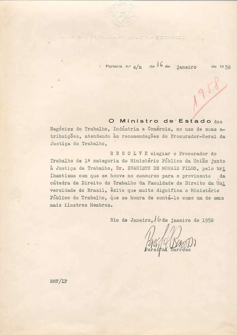 Elogio pelo sucesso no concurso da cátedra Direito Trabalho 1958